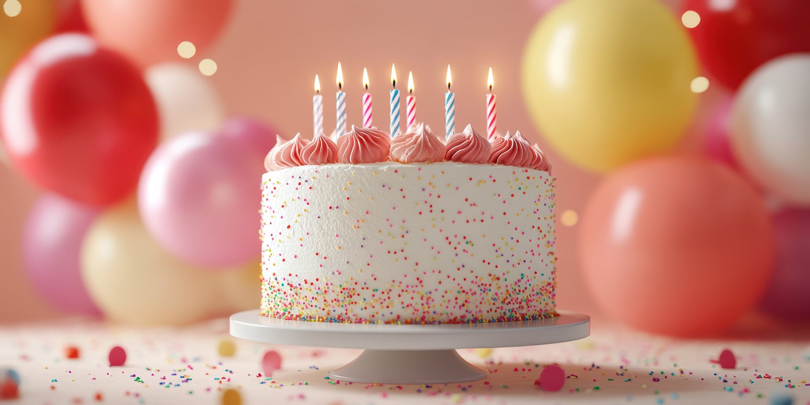 Colorful birthday cake with candles and festive balloons in a cheerful celebration setting